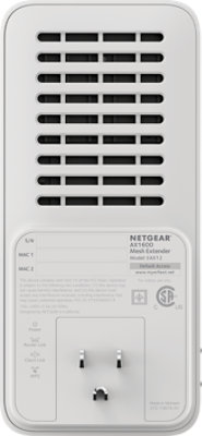 Rear view of a NETGEAR E A X 12-100 N A S A X 1600 Mesh WiFi 6 Range Extender.