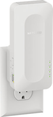 Angled view of a NETGEAR E A X 12-100 N A S A X 1600 Mesh WiFi 6 Range Extender.