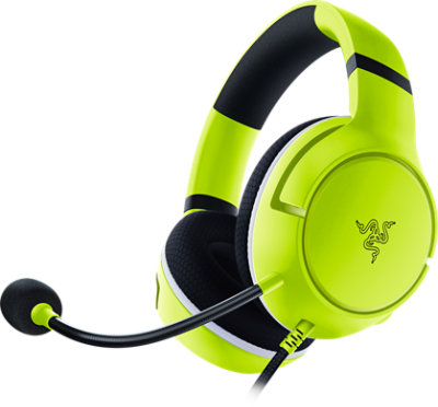 Low angle view of the Razer Kaira X Headset in Electric Volt facing left.