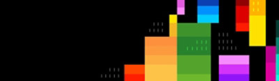 Colorful rectangular shapes arranged on a dark background in a modern abstract pattern.