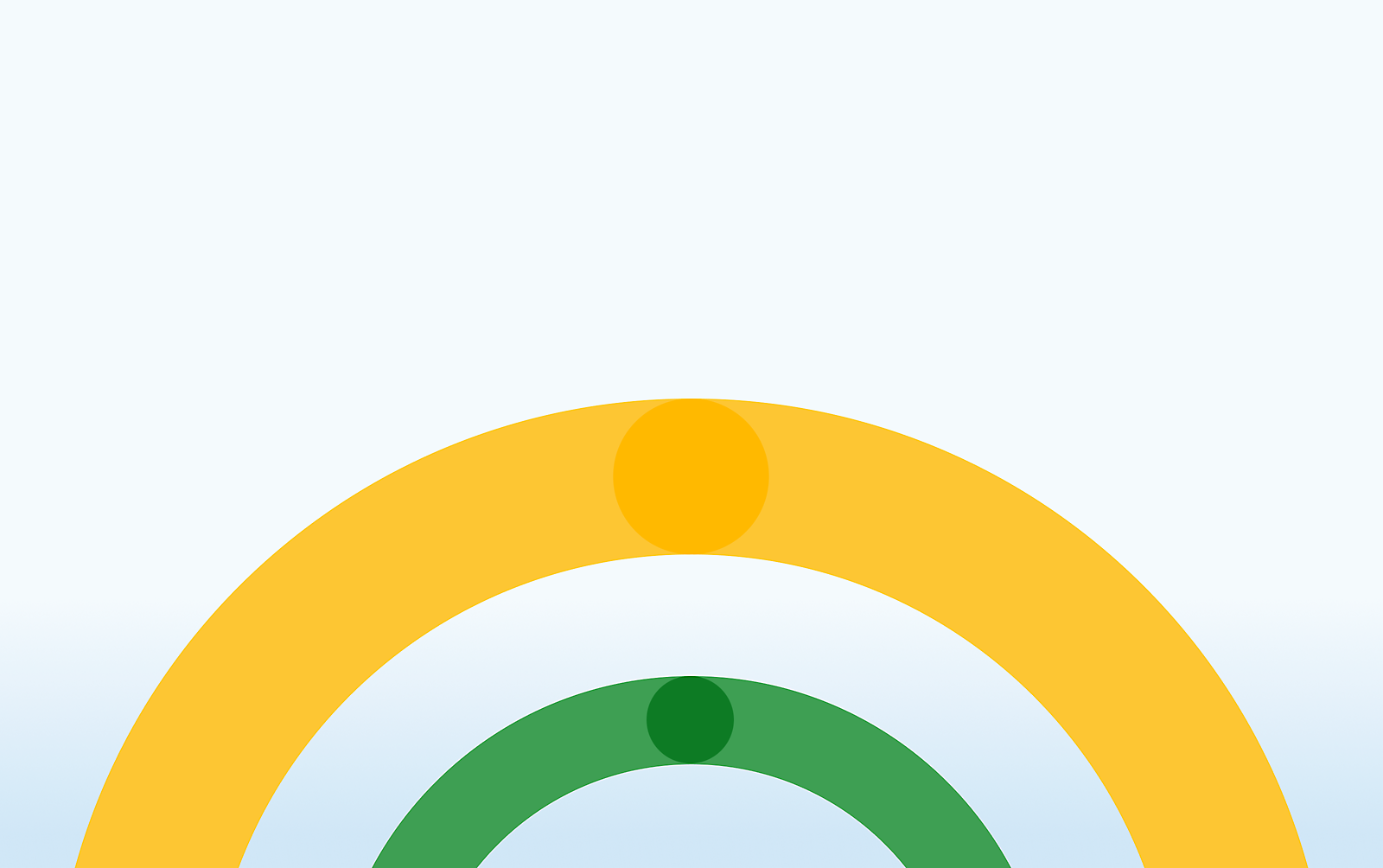 Abstract image featuring three concentric arcs in shades of blue, orange, and yellow on a white background.