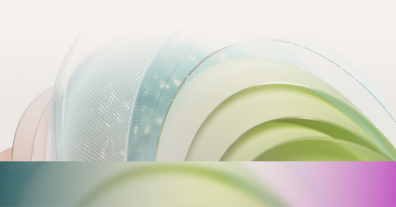 Abstraktne graafika kattuvatest poolläbipaistvatest ringidest sinistes, rohelistes ja roosades toonides pehme, helendava efektiga.