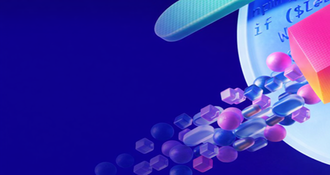 Abstrakte 3D-Techgrafik mit bunten Formen vor blauem Hintergrund.