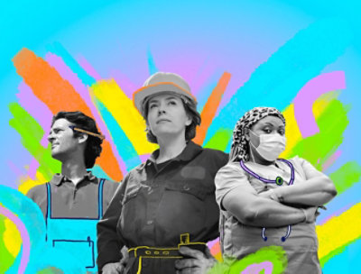 Drei Arbeitskräfte in Service und Produktion in stolzer Pose