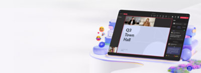 Cyfrowy obszar roboczy z tabletem z ekranem spotkania wirtualnego dotyczącego wydarzenia „q3 town hall” w otoczeniu ikon interfejsu.