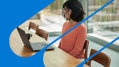 A person having a conversation in front of a presentation on a device.
