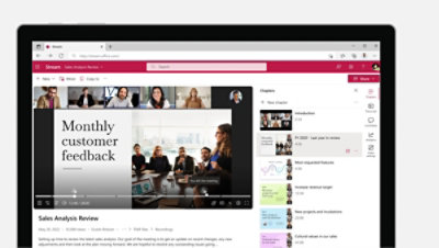 Eine Aufzeichnung einer Teams-Sitzung, aus der Kapitel herausgenommen und am Rand eingeblendet werden