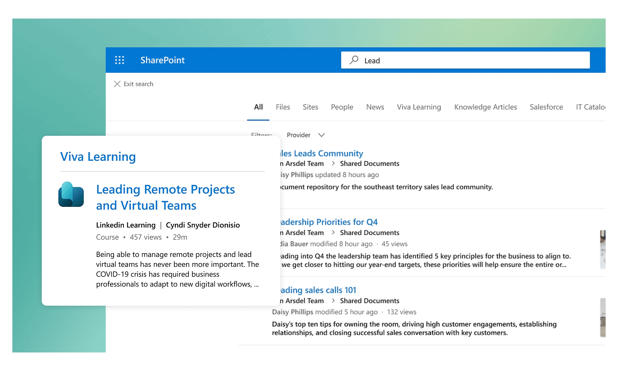 SharePoint’te “Lead” (potansiyel müşteri) araması için Viva Learning’den ilgili içeriklerin yer aldığı sonuçlar.