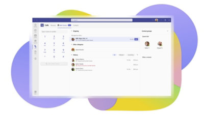 La aplicación Llamadas en Teams muestra el teclado, las llamadas en curso, el historial de llamadas y los contactos.