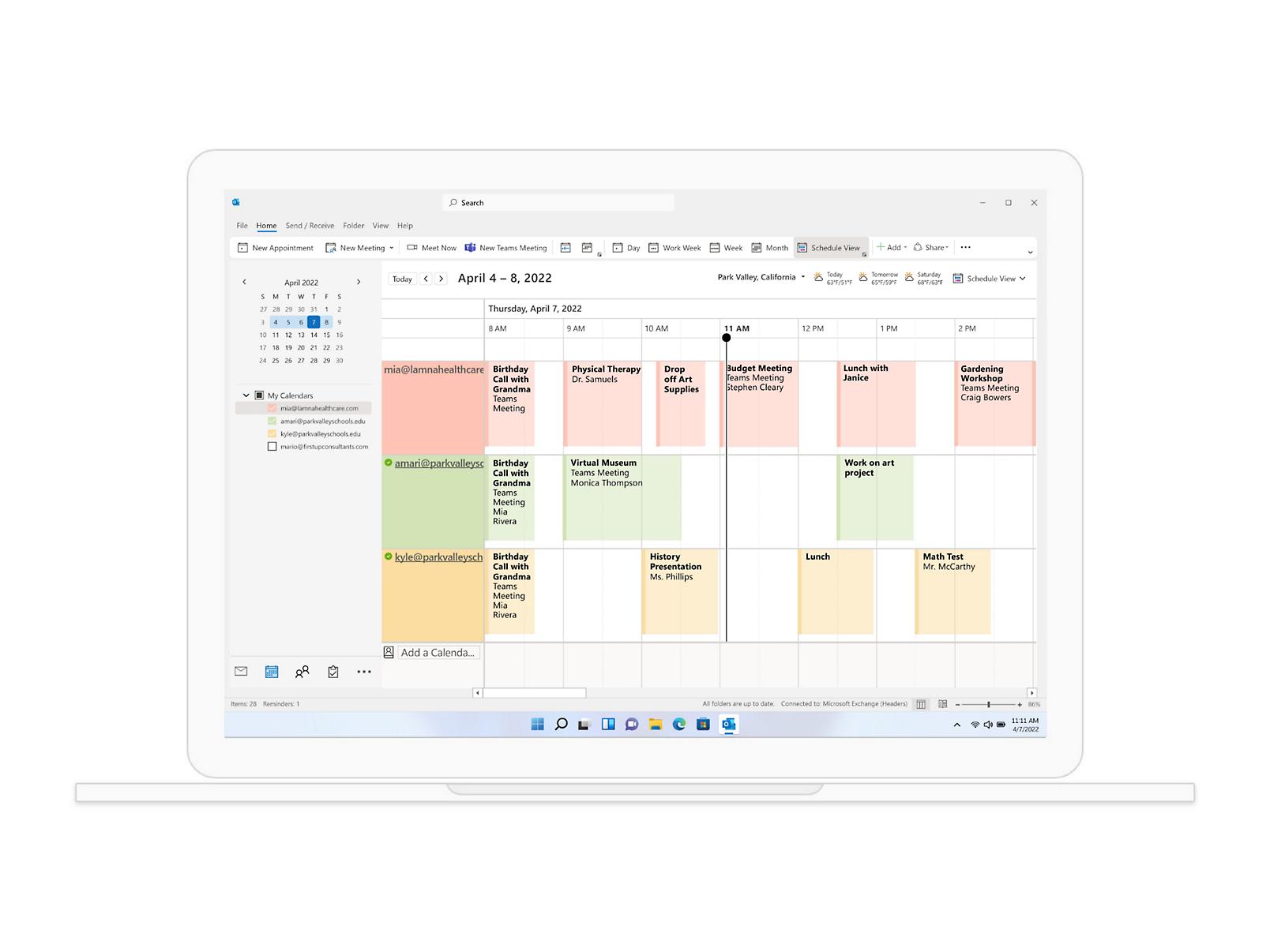 A calendar view in Outlook showing meetings and appointments for the week of March 29.- Microsoft 365