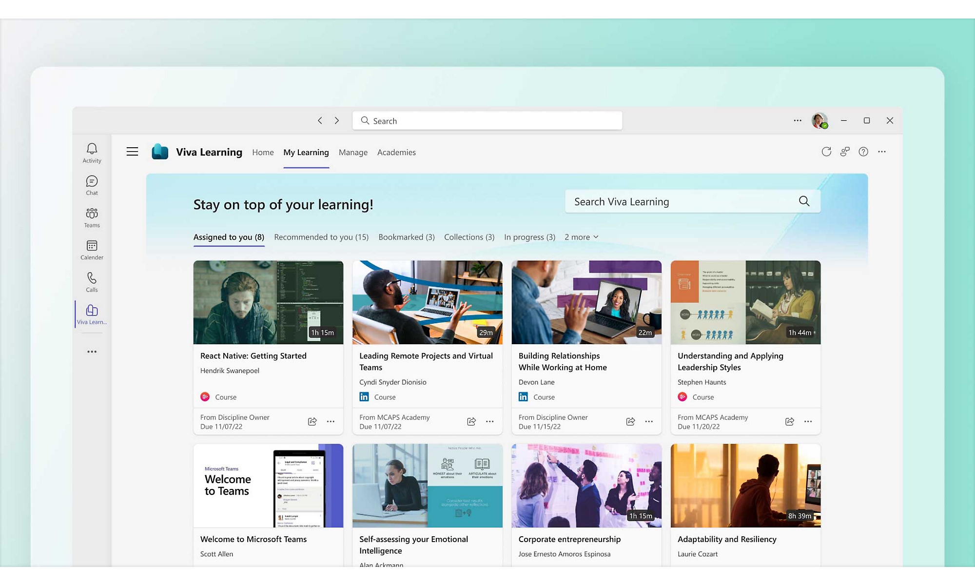 Viva Learning'de bir kullanıcıya atanmış öğrenim kurslarının göründüğü masaüstü ekran 