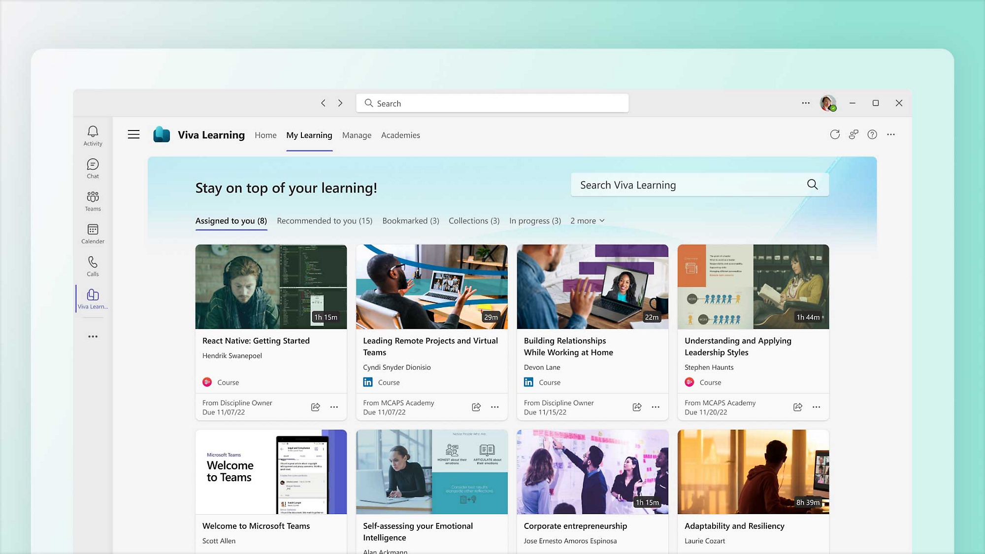A desktop display of learning courses assigned to a user in Viva Learning 