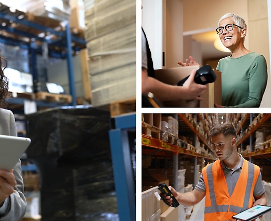 A collage of people working on devices in warehouses and a person signing for a package