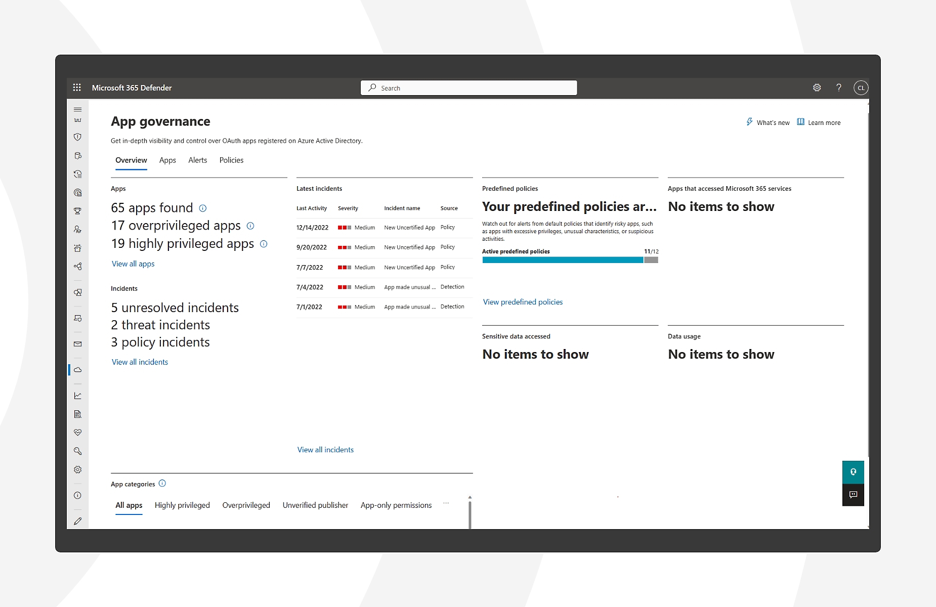 App governance alert dashboard in Microsoft 365 Defender.