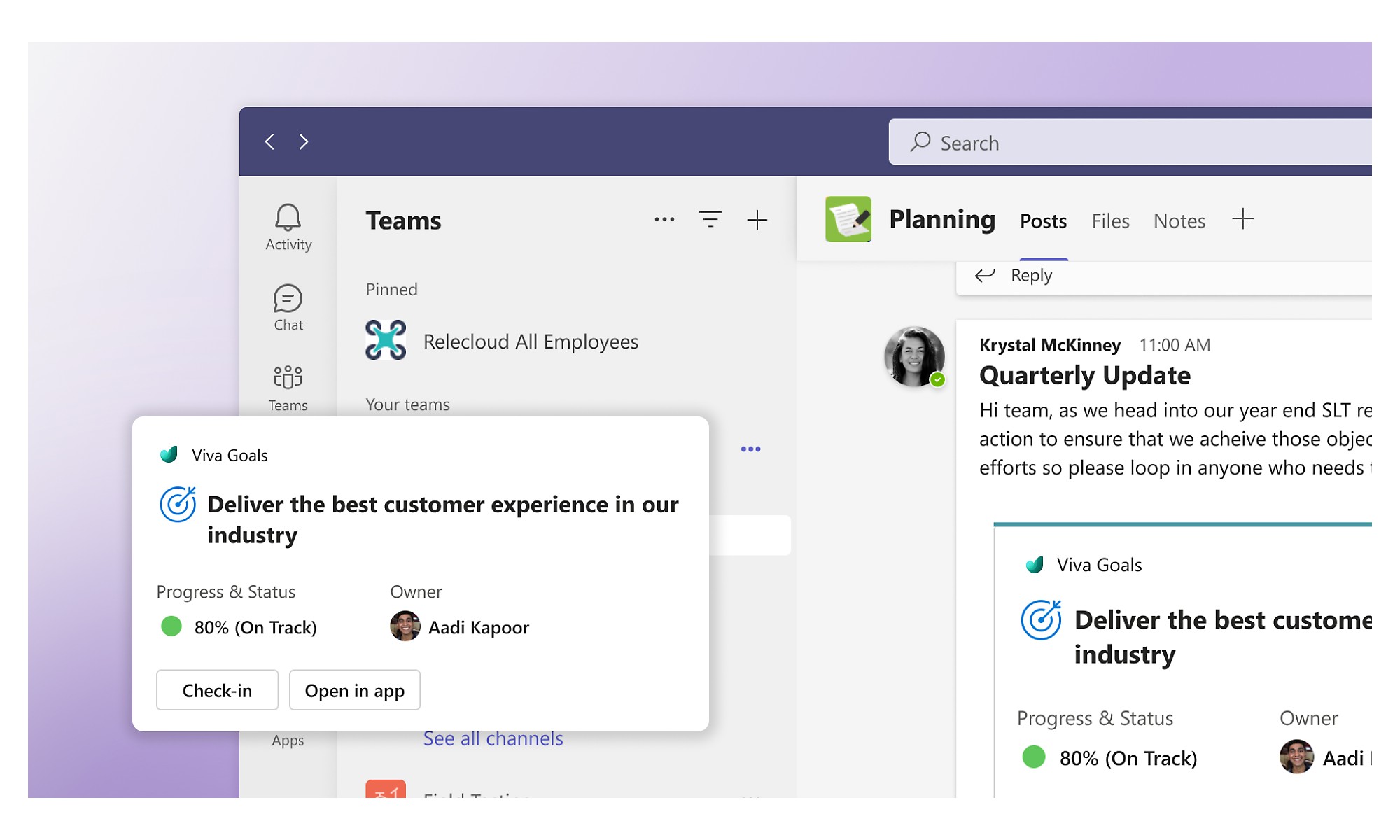A Teams message in a Planning channel sharing updates and a Viva Goals check-in module.