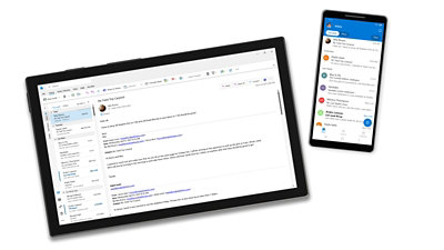 A tablet and mobile phone displaying e-mails in Outlook