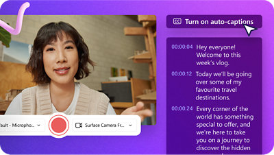 An image of automatic captioning feature in Clipchamp generating real-time text captions from a webcam recording.