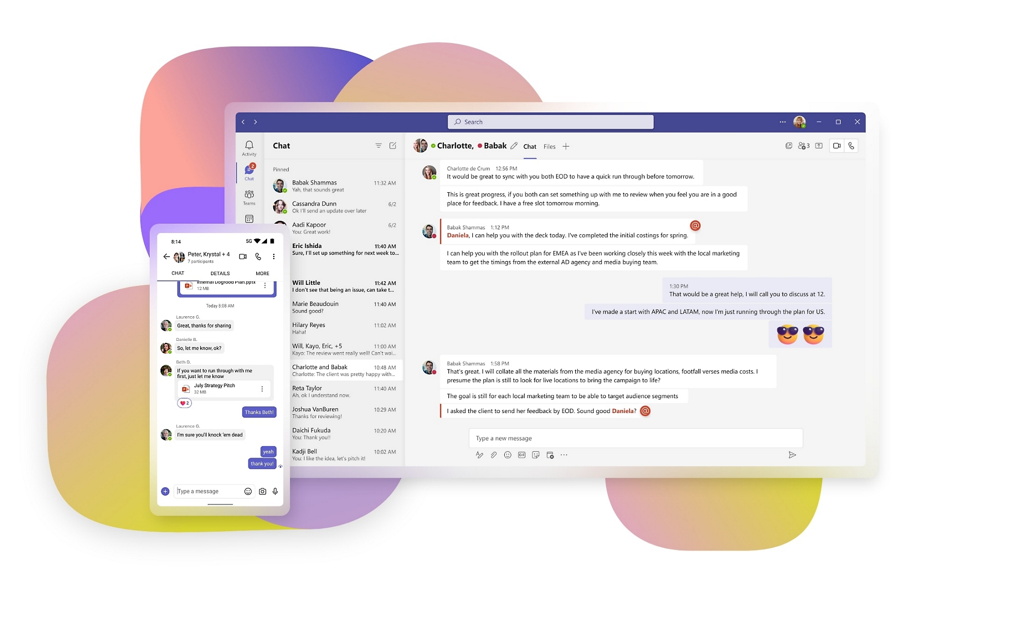Mobile and desktop displays of group chats in Teams.