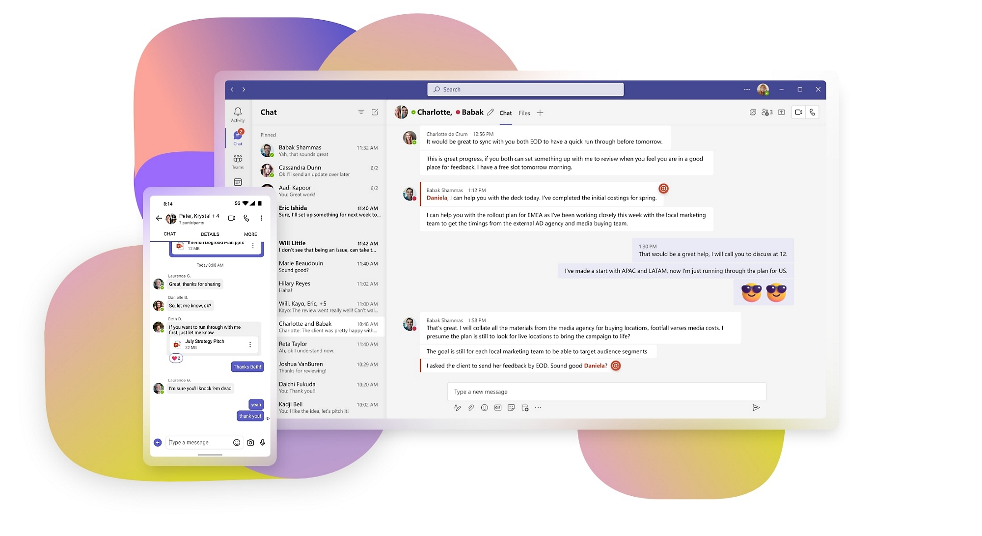Mobile and desktop displays of group chats in Teams.