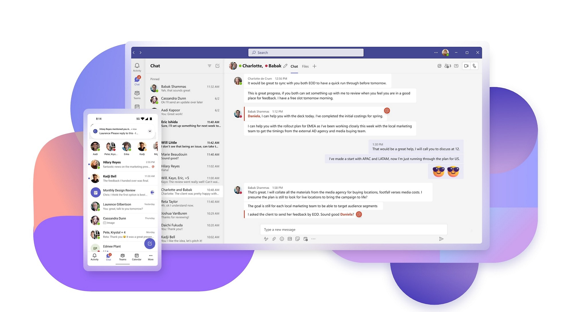 A mobile display of unopened messages in Teams and a notification at the top showing the user was mentioned in a message and a desktop display of Teams chats showing pinned chats on the left side of the screen.