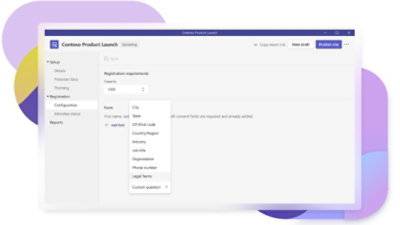 Uživatel konfiguruje podrobnosti registrace pro událost v Teams