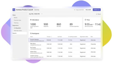 Sestava zobrazující informace o docházce a účastnících webináře v Teams