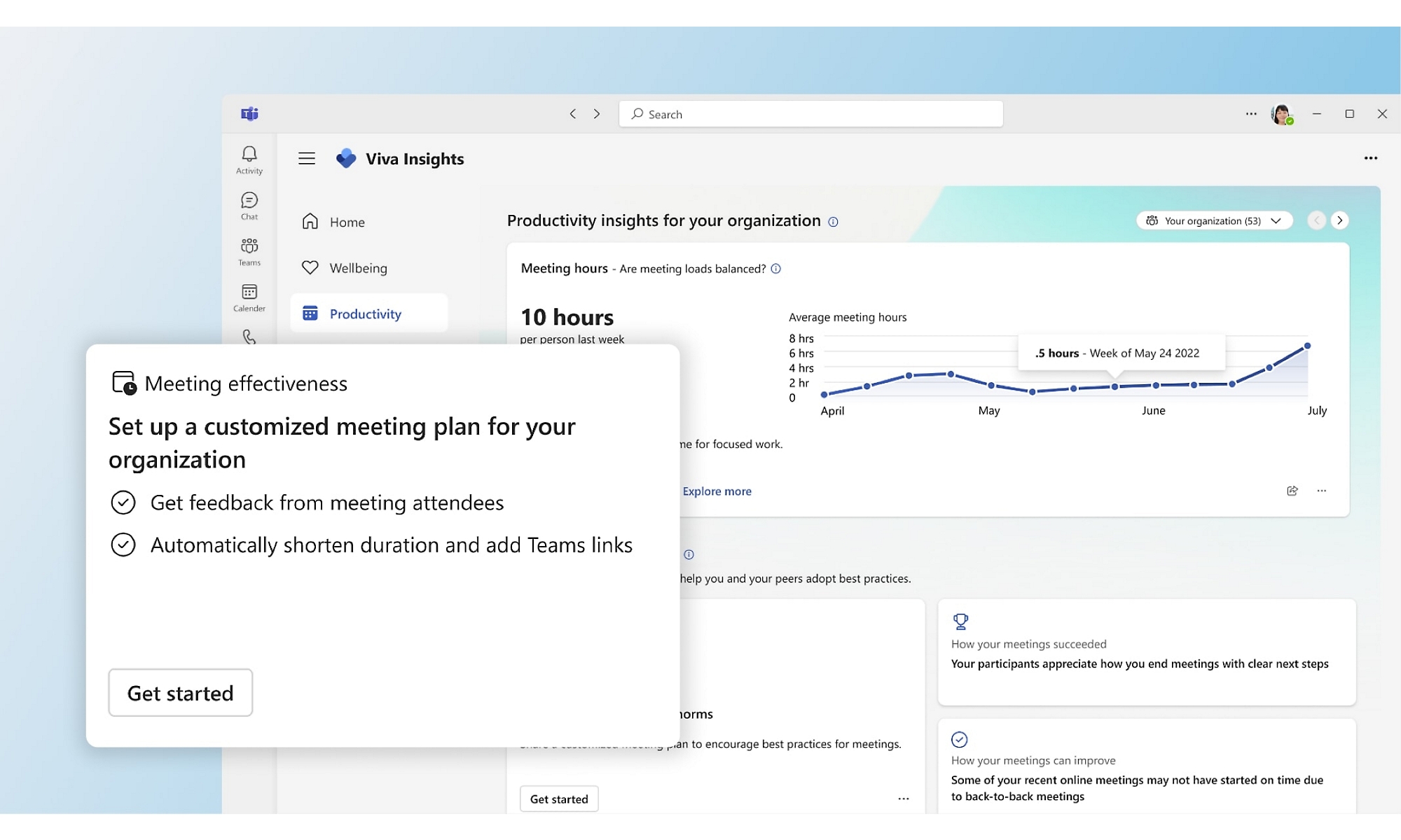 Un recordatorio de la eficacia de las reuniones aparece una ventana emergente de Viva Insights en Teams