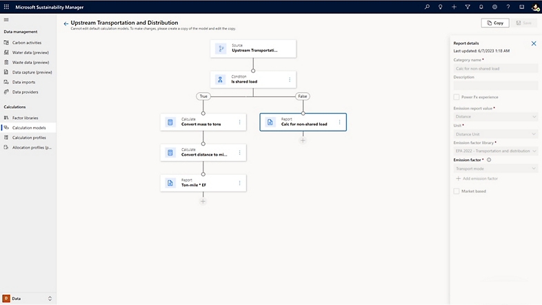 Microsoft Sustainability Manager で上流の輸送と流通のフローチャートを編集するユーザー 