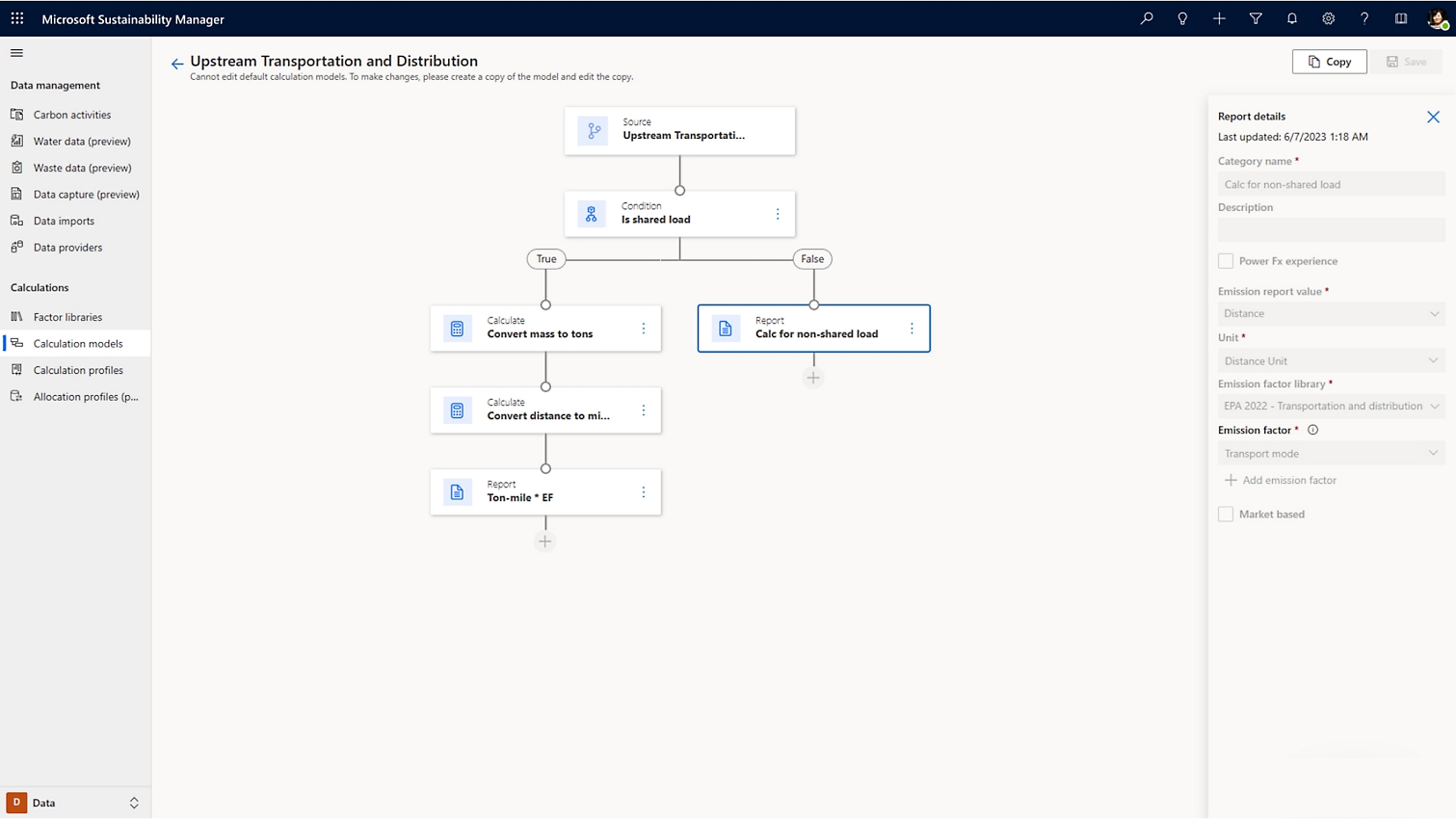 A user editing Upstream Transportation and Distribution flowchart in Microsoft Sustainability Manager 