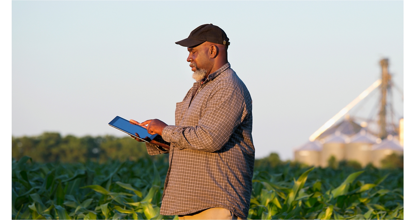 A person standing in a field using a tablet 