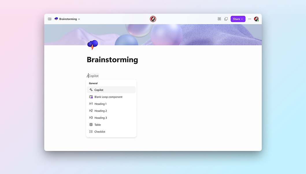 Uživatel upravuje stránku Brainstorming v aplikaci Microsoft Loop.