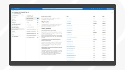 An OWASP Top 10 dashboard explaining what broken access control means, how to remediate it, and a list of related assets.