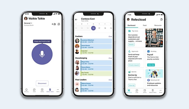 Drei Mobiltelefone, auf denen die Walkie-Talkie-App, ein Schichtkalender und ein Dashboard eines Teams-Benutzers dargestellt sind