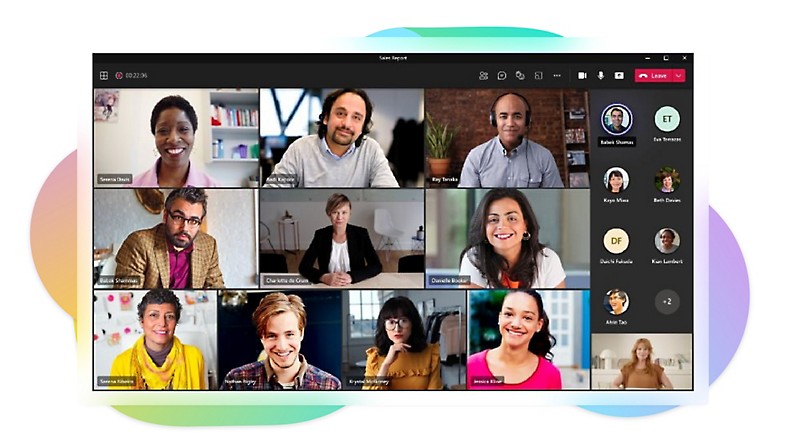 Klic v aplikaciji Teams s prikazom 10 udeležencev z vklopljenim videom, 9 udeležencev z izklopljenim videom in voditelja v spodnjem desnem kotu z vklopljenim videom.