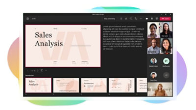 A Teams video call in Presenter mode showing a Sales Analysis presentation and the participants.