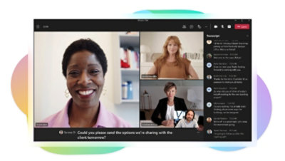  A Teams video call with four participants displaying closed captions and a live transcript