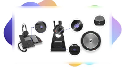 Integrated Teams buttons being highlighted on Teams certified headsets and speakerphones.