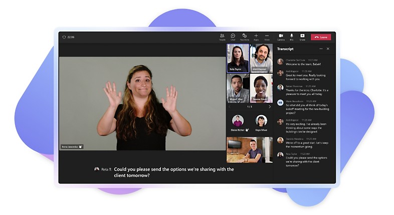 A Teams video call where the sign language interpreter is featured prominently in the call and a live transcript is viewable.