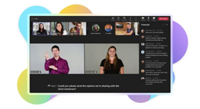 A Teams video call with two sign language users being featured prominently and a live transcript of the call is viewable on the screen.