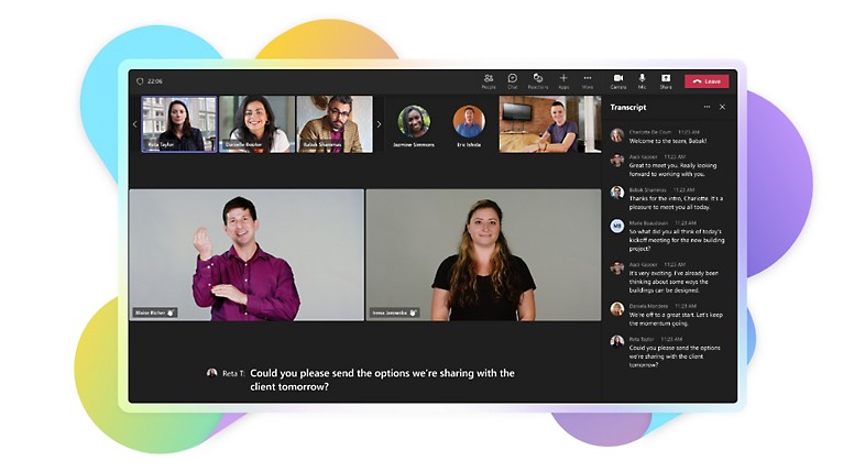 A Teams video call with two sign language users being featured prominently and a live transcript of the call is viewable on the screen.