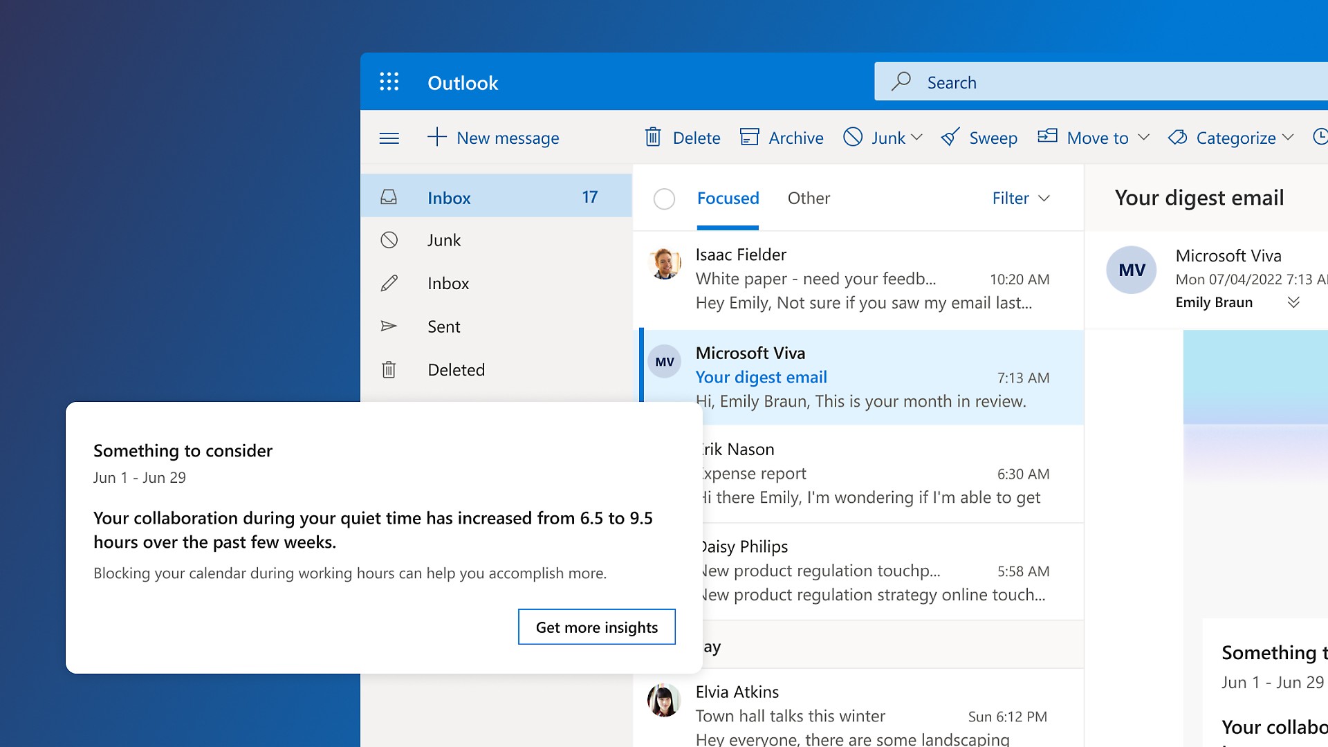 Outlook での Viva インサイトからのオーバーレイ。生産性を向上させるためにユーザーの予定表で通知オフ時間によるブロックを増やすことを検討事項として示しています。