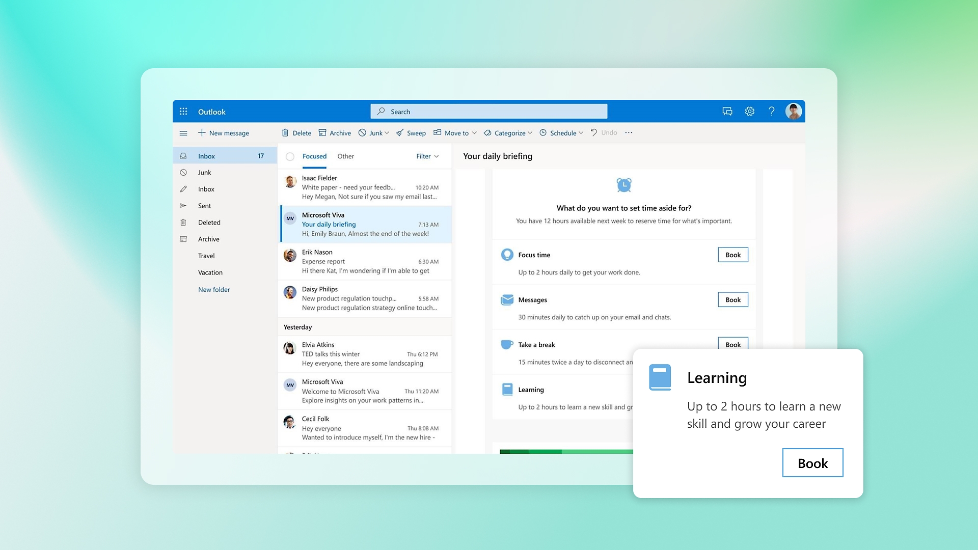 Outlook における Viva からの毎日のブリーフィング メール。フォーカス時間、メッセージ、休憩、または学習ための時間を確保するかどうかをユーザーに確認しています。