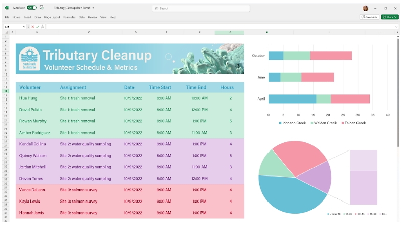 An Excel sheet displaying data on Tributary cleanup - Microsoft 365