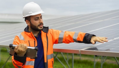 A person wearing a hard hat and safety jacket looking at solar panels 