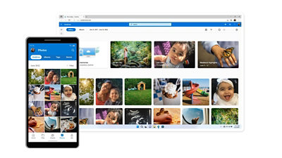 Desktop and mobile displays of photos stored in OneDrive