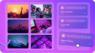 A collage representing stock images and music available for Microsoft 365 subscribers to use in Clipchamp.