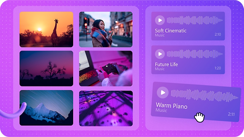 A collage representing stock images and music available for Microsoft 365 subscribers to use in Clipchamp.