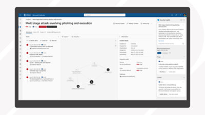 Una ventana de seguridad de Microsoft 365 que muestra un ataque de varias fases que implica el phishing y la ejecución.