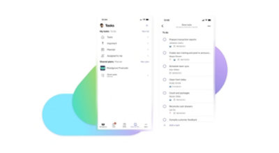 Dos visualizaciones de dispositivo móvil del panel de tareas y una lista de tareas de la tienda en Teams.