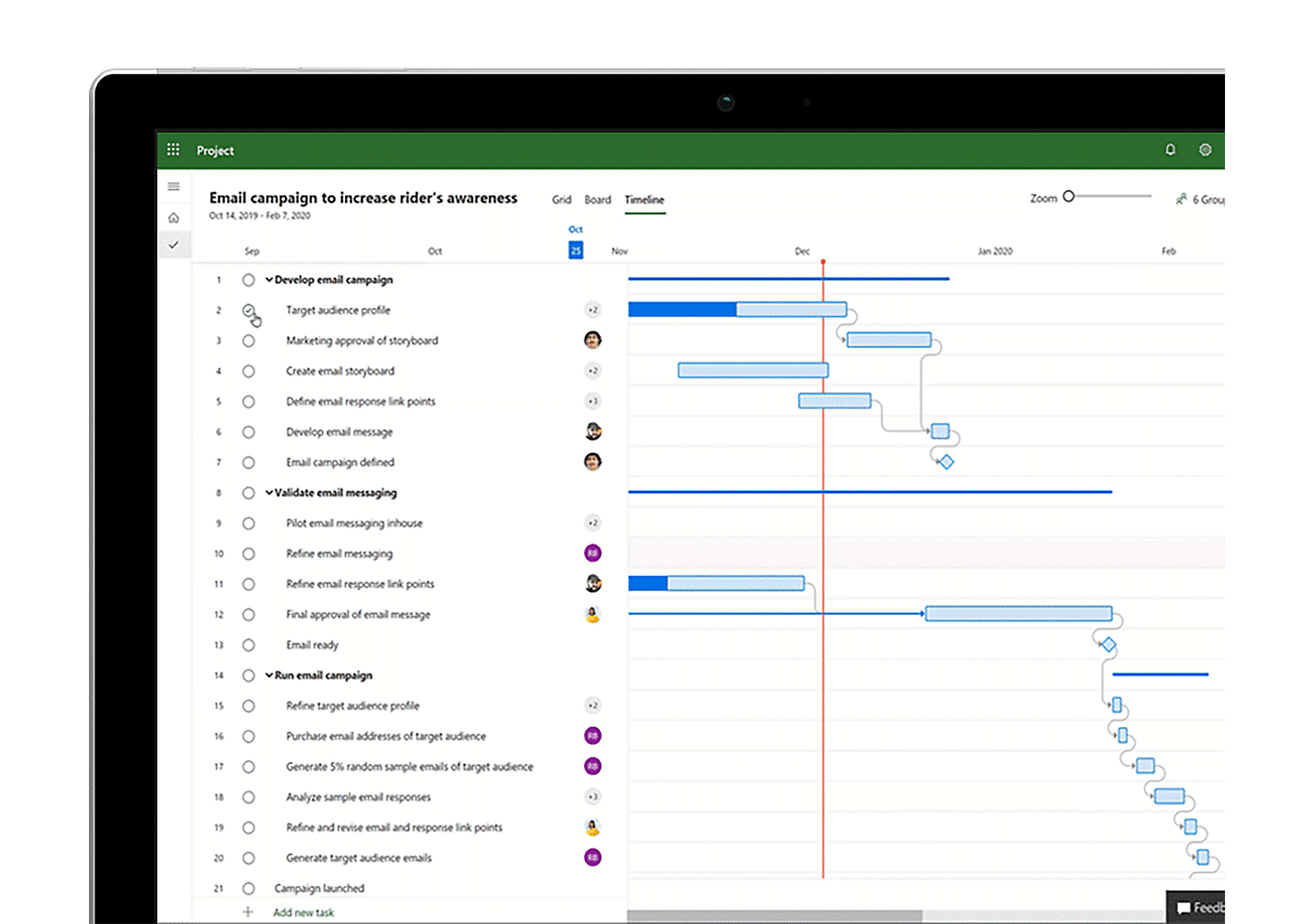 Animation showing a timeline being adjusted in Microsoft Project